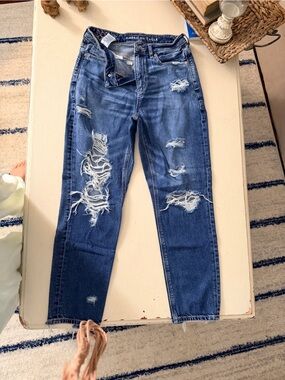NWOT AE Distressed Blue Women's mom jeans with flower embroidered Jeans sZ 2